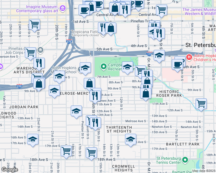 map of restaurants, bars, coffee shops, grocery stores, and more near 826 14th Street South in St. Petersburg