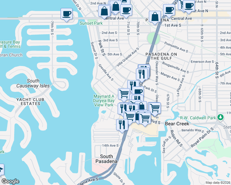 map of restaurants, bars, coffee shops, grocery stores, and more near 7011 Hibiscus Avenue South in South Pasadena
