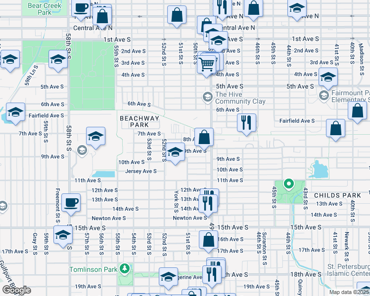 map of restaurants, bars, coffee shops, grocery stores, and more near 5025 9th Avenue South in Gulfport