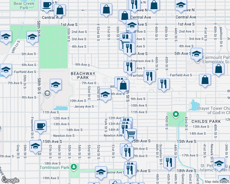 map of restaurants, bars, coffee shops, grocery stores, and more near 4930 50th Street South in Gulfport