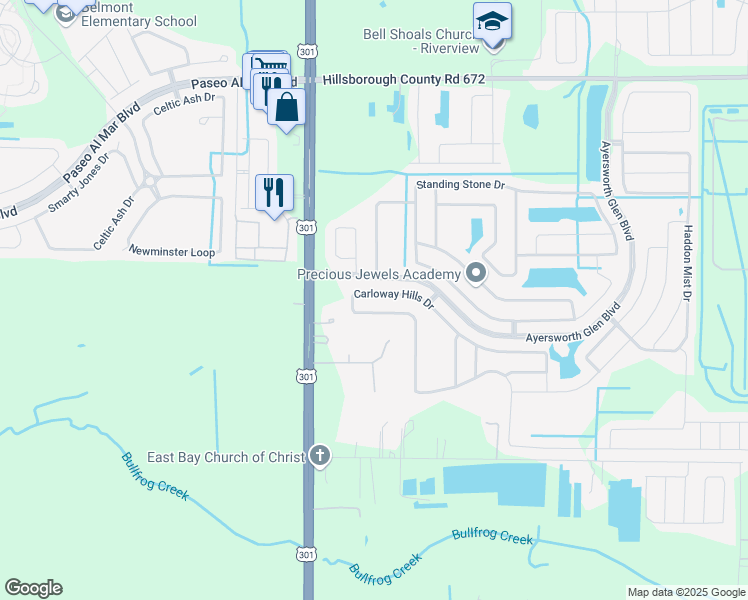 map of restaurants, bars, coffee shops, grocery stores, and more near 10747 Carloway Hills Drive in Wimauma