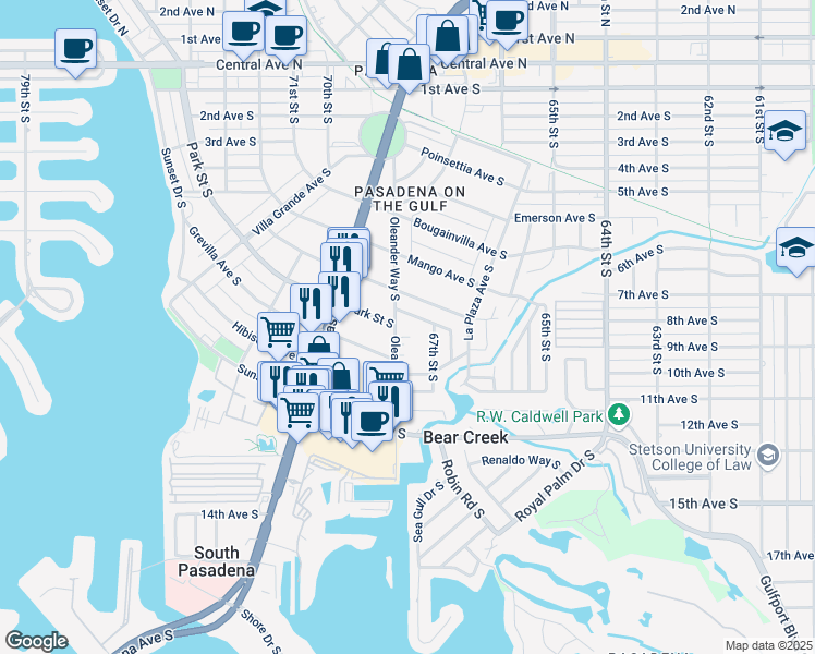map of restaurants, bars, coffee shops, grocery stores, and more near 6740 Park Street South in South Pasadena