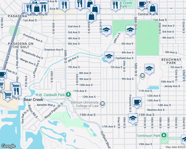 map of restaurants, bars, coffee shops, grocery stores, and more near 6138 8th Avenue South in Gulfport