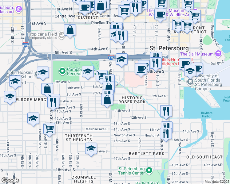 map of restaurants, bars, coffee shops, grocery stores, and more near 846 8th Avenue South in St. Petersburg