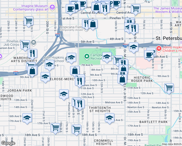 map of restaurants, bars, coffee shops, grocery stores, and more near 805 14th Street South in St. Petersburg