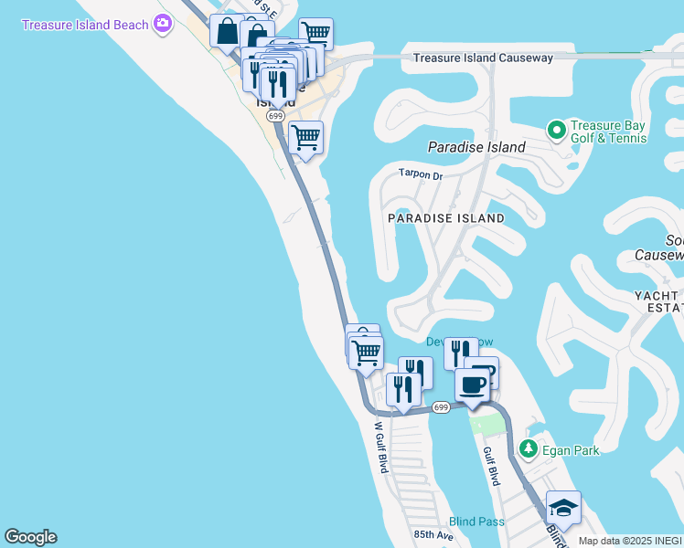 map of restaurants, bars, coffee shops, grocery stores, and more near 10133 Gulf Boulevard in Treasure Island