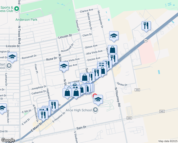 map of restaurants, bars, coffee shops, grocery stores, and more near 1805 Cenesia Avenue in Alice