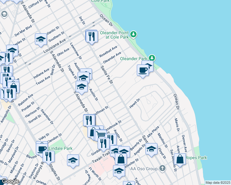 map of restaurants, bars, coffee shops, grocery stores, and more near in Corpus Christi