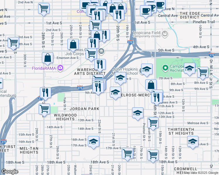 map of restaurants, bars, coffee shops, grocery stores, and more near 751 Union Street South in St. Petersburg