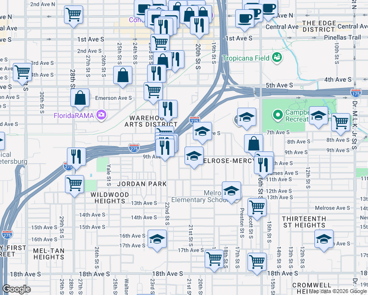 map of restaurants, bars, coffee shops, grocery stores, and more near 751 Union Street South in St. Petersburg