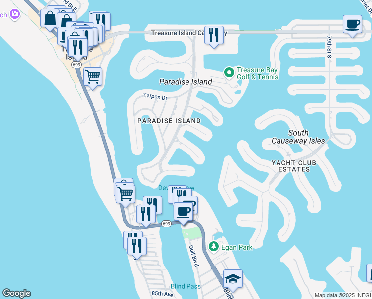map of restaurants, bars, coffee shops, grocery stores, and more near 20 Marina Terrace in Treasure Island