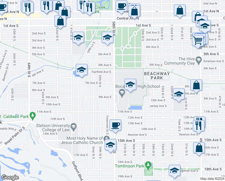 map of restaurants, bars, coffee shops, grocery stores, and more near 801 58th Street South in Gulfport