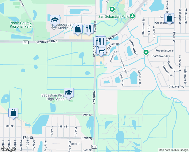 map of restaurants, bars, coffee shops, grocery stores, and more near 90th Avenue in Sebastian