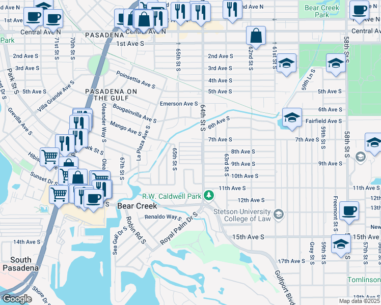 map of restaurants, bars, coffee shops, grocery stores, and more near 801 64th Street South in St. Petersburg