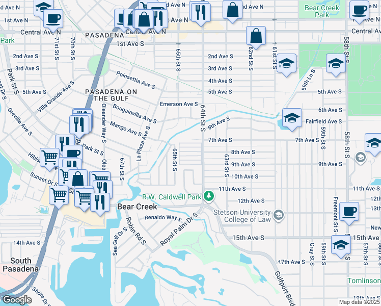 map of restaurants, bars, coffee shops, grocery stores, and more near 801 64th Street South in St. Petersburg
