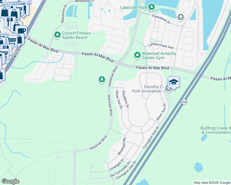 map of restaurants, bars, coffee shops, grocery stores, and more near 5926 Silver Sun Drive in Apollo Beach