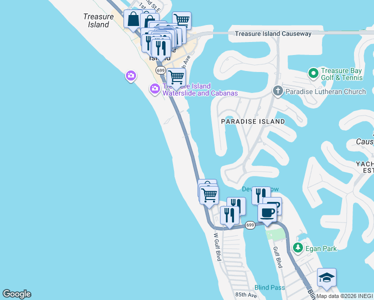 map of restaurants, bars, coffee shops, grocery stores, and more near 10164 Gulf Boulevard in Treasure Island