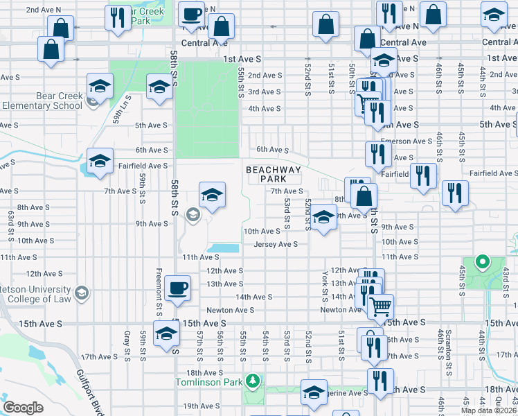 map of restaurants, bars, coffee shops, grocery stores, and more near 5406 8th Avenue South in Gulfport