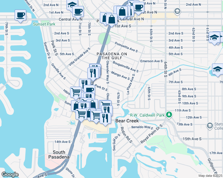 map of restaurants, bars, coffee shops, grocery stores, and more near 6740 Park Street South in South Pasadena