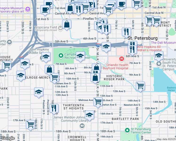 map of restaurants, bars, coffee shops, grocery stores, and more near 965 9th Avenue South in St. Petersburg