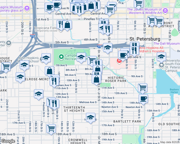 map of restaurants, bars, coffee shops, grocery stores, and more near 965 9th Avenue South in St. Petersburg