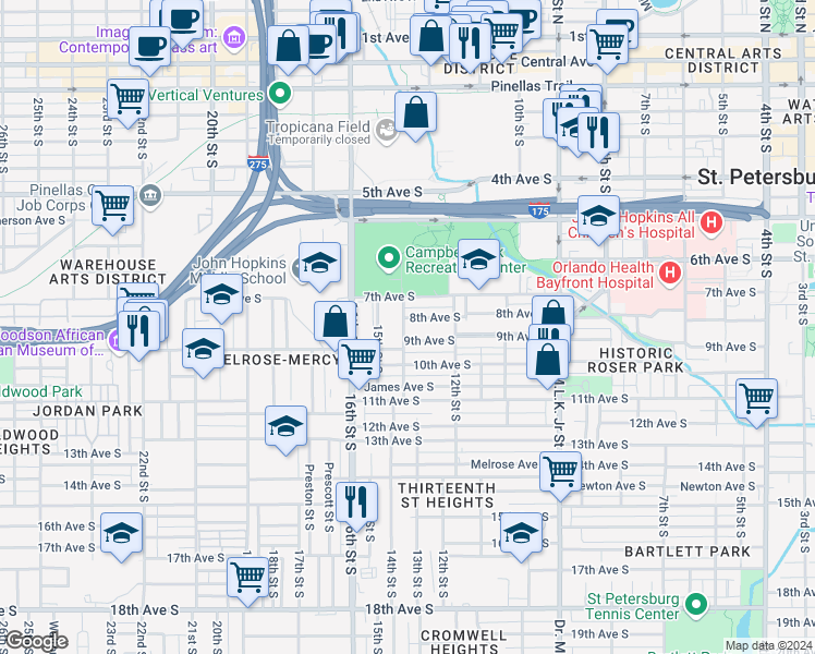 map of restaurants, bars, coffee shops, grocery stores, and more near 805 14th Street South in St. Petersburg