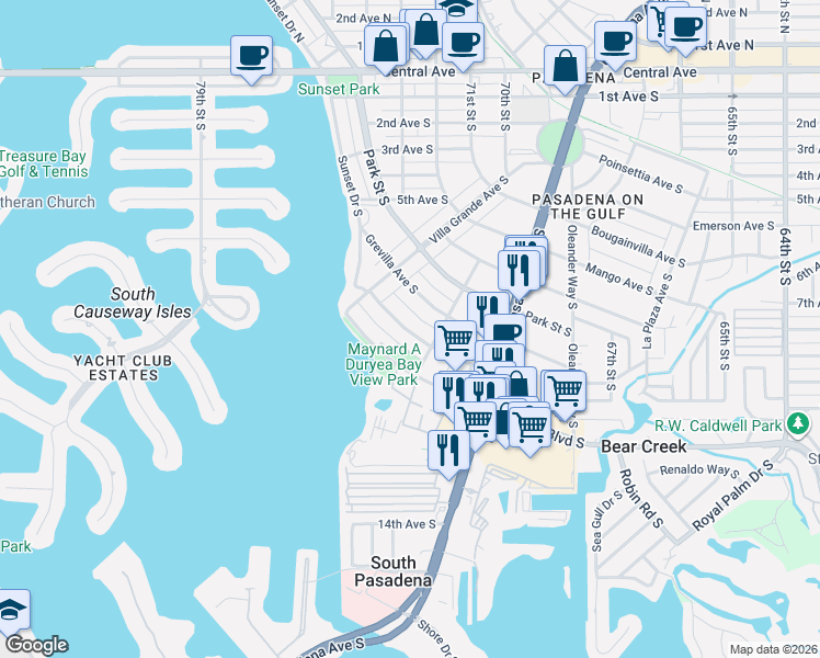 map of restaurants, bars, coffee shops, grocery stores, and more near 7025 Hibiscus Avenue South in South Pasadena
