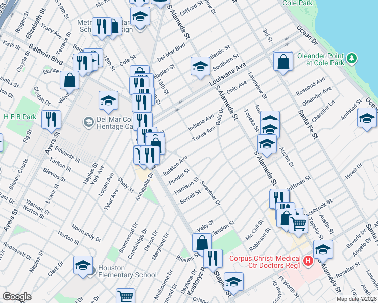 map of restaurants, bars, coffee shops, grocery stores, and more near 721 Texas Avenue in Corpus Christi