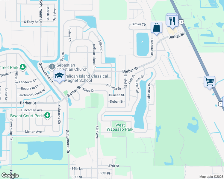 map of restaurants, bars, coffee shops, grocery stores, and more near 111 Arcadia Drive in Sebastian