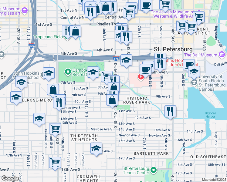 map of restaurants, bars, coffee shops, grocery stores, and more near 811 Doctor Martin Luther King Junior Street South in St. Petersburg