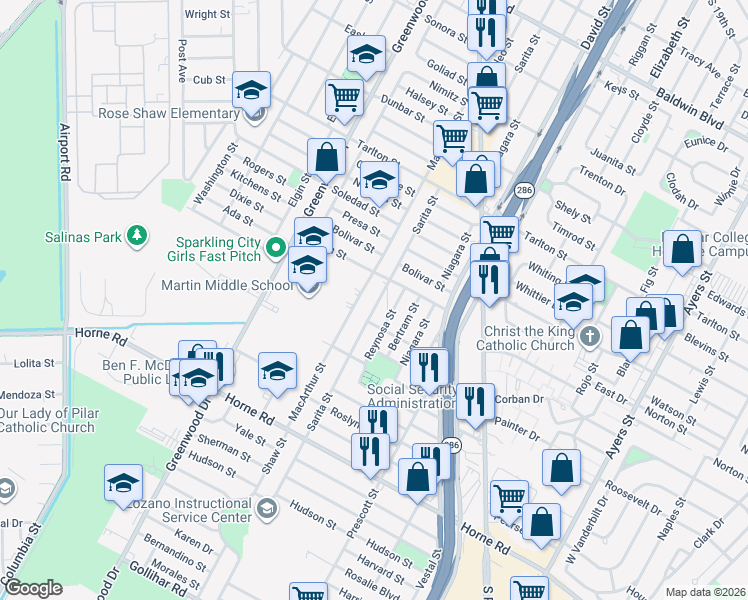 map of restaurants, bars, coffee shops, grocery stores, and more near 3725 Sarita Street in Corpus Christi