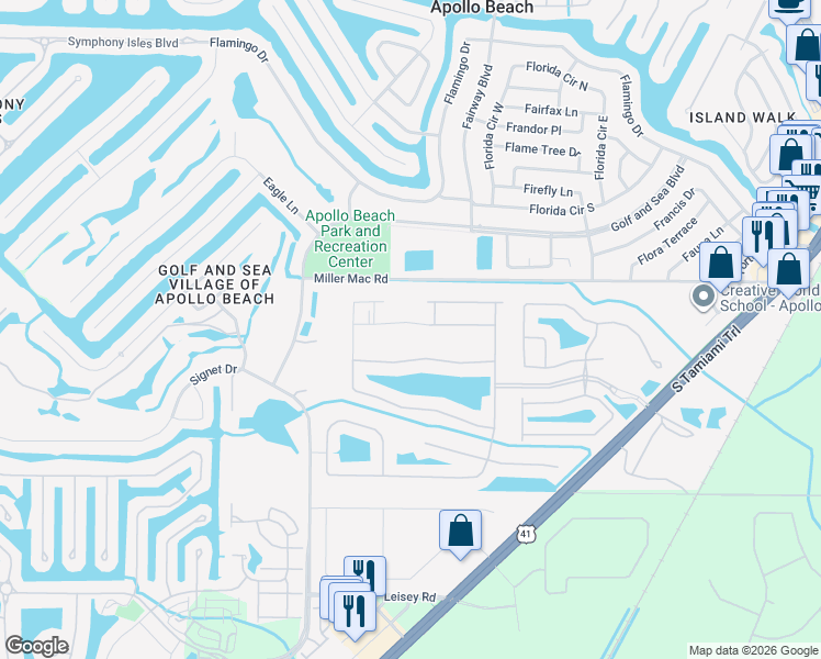 map of restaurants, bars, coffee shops, grocery stores, and more near 420 Seneca Falls Drive in Apollo Beach