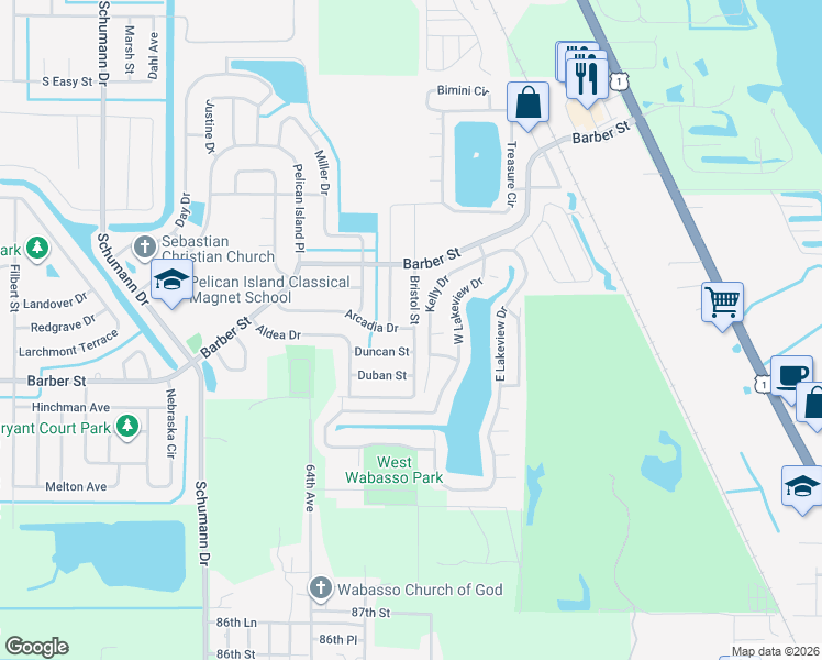 map of restaurants, bars, coffee shops, grocery stores, and more near 101 Arcadia Drive in Sebastian