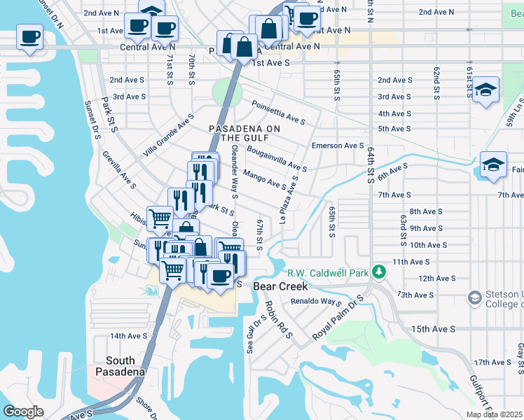 map of restaurants, bars, coffee shops, grocery stores, and more near 6691 Park Street South in South Pasadena