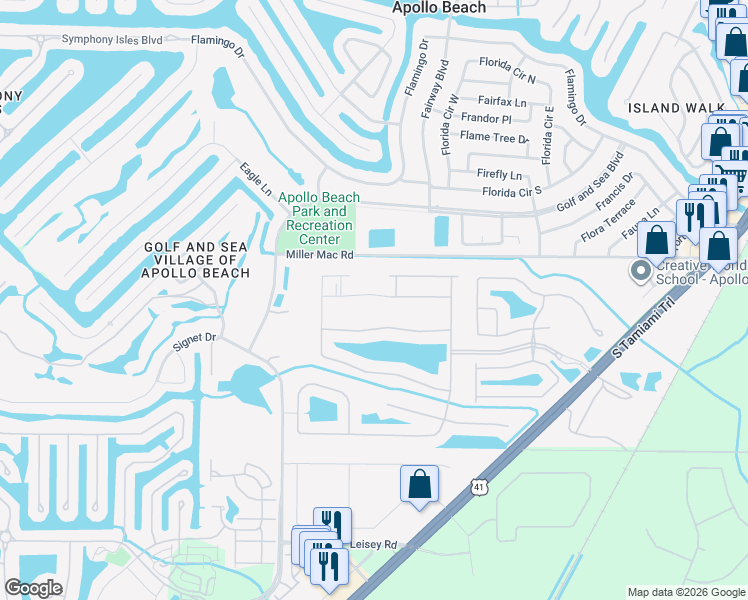 map of restaurants, bars, coffee shops, grocery stores, and more near 420 Seneca Falls Drive in Apollo Beach