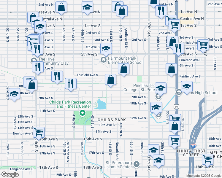 map of restaurants, bars, coffee shops, grocery stores, and more near 4105 8th Avenue South in St. Petersburg