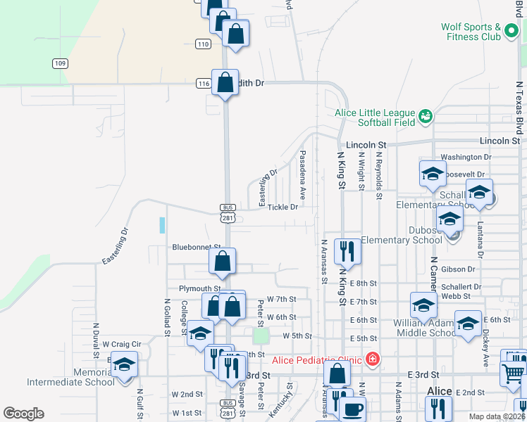 map of restaurants, bars, coffee shops, grocery stores, and more near 308 Tickle Drive in Alice