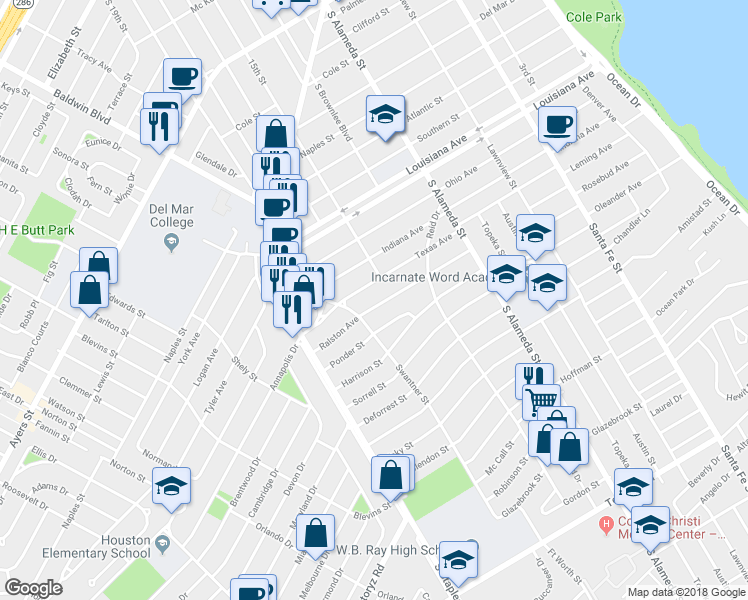 map of restaurants, bars, coffee shops, grocery stores, and more near 714 Ralston Avenue in Corpus Christi