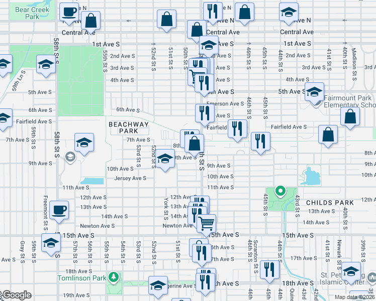 map of restaurants, bars, coffee shops, grocery stores, and more near 4930 50th Street South in Gulfport