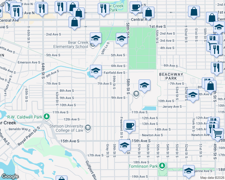 map of restaurants, bars, coffee shops, grocery stores, and more near 725 59th Street South in Gulfport
