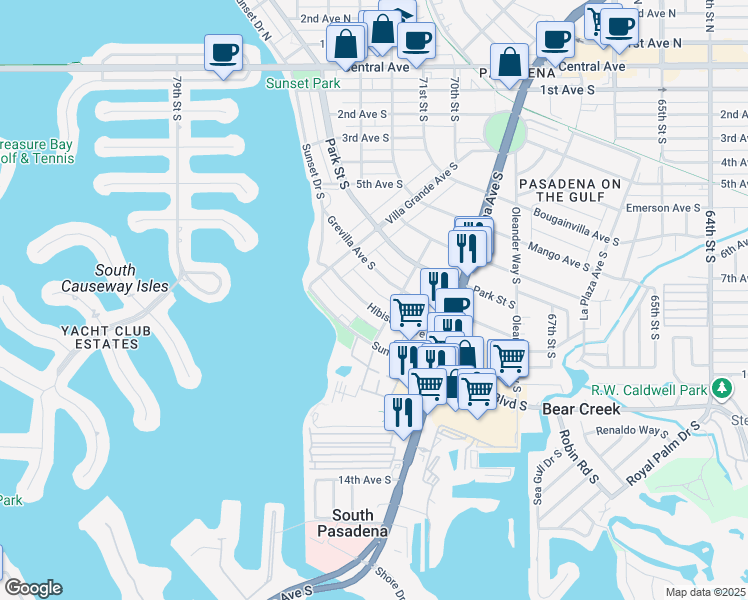 map of restaurants, bars, coffee shops, grocery stores, and more near 7025 Hibiscus Avenue South in South Pasadena