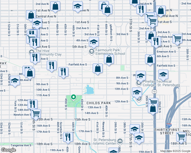 map of restaurants, bars, coffee shops, grocery stores, and more near 4105 8th Avenue South in St. Petersburg