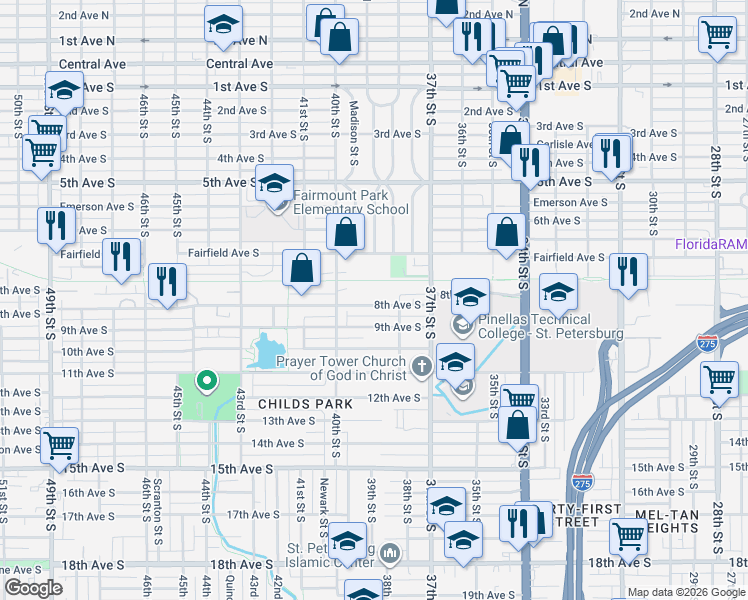 map of restaurants, bars, coffee shops, grocery stores, and more near 3875 8th Avenue South in St. Petersburg