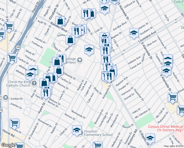 map of restaurants, bars, coffee shops, grocery stores, and more near 1146 York Avenue in Corpus Christi