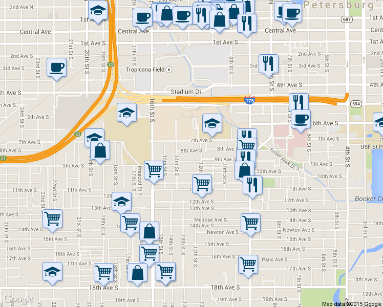 map of restaurants, bars, coffee shops, grocery stores, and more near 1234 8th Avenue South in St. Petersburg