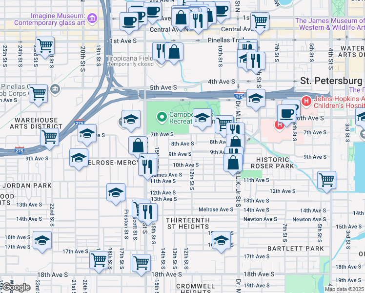 map of restaurants, bars, coffee shops, grocery stores, and more near 1234 8th Avenue South in St. Petersburg
