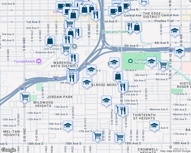 map of restaurants, bars, coffee shops, grocery stores, and more near 803 19th St S in St Petersburg