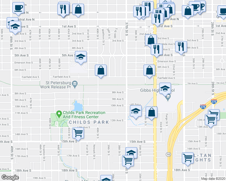 map of restaurants, bars, coffee shops, grocery stores, and more near 3875 8th Avenue South in St. Petersburg