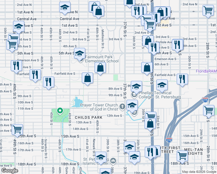 map of restaurants, bars, coffee shops, grocery stores, and more near 3875 8th Avenue South in St. Petersburg