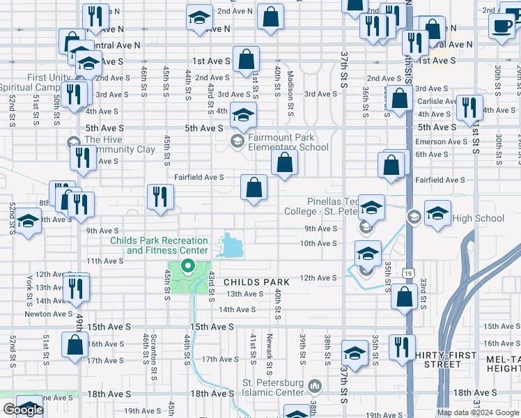 map of restaurants, bars, coffee shops, grocery stores, and more near 4105 8th Avenue South in St. Petersburg
